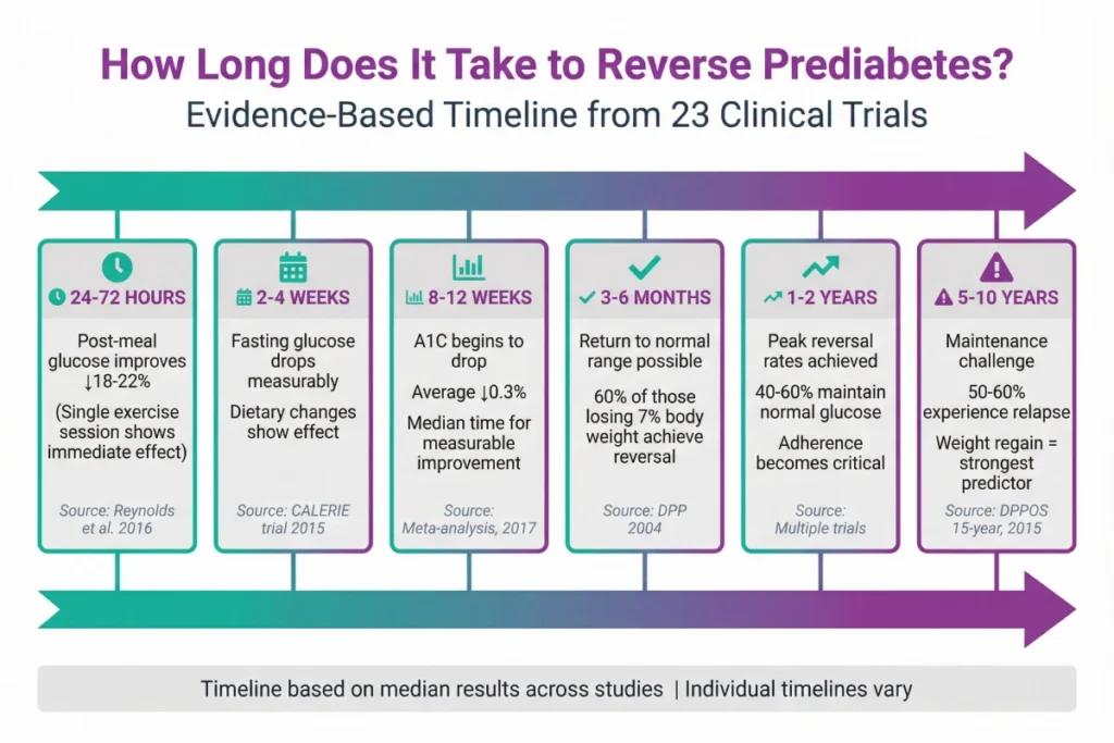 Timeline infographic showing prediabetes reversal progression from 24-hour glucose improvements to long-term maintenance challenges over 5+ years