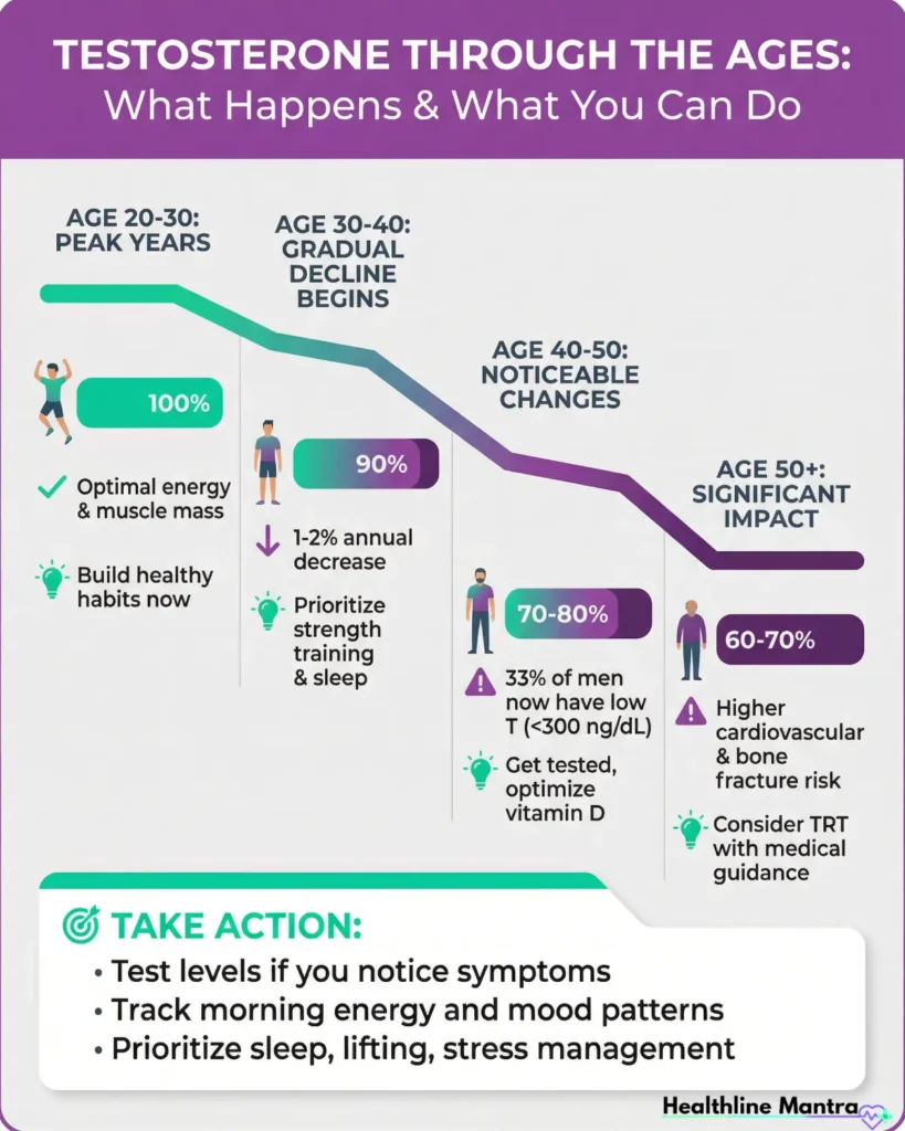 Timeline infographic showing testosterone decline by age in men from peak at age 20 through gradual decrease after 30, with health recommendations for each decade