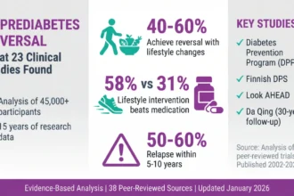 Infographic showing prediabetes reversal rates from 23 clinical trials: 40-60% achieve reversal with lifestyle intervention, 28-38% maintain at 10 years