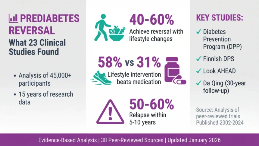 Infographic showing prediabetes reversal rates from 23 clinical trials: 40-60% achieve reversal with lifestyle intervention, 28-38% maintain at 10 years